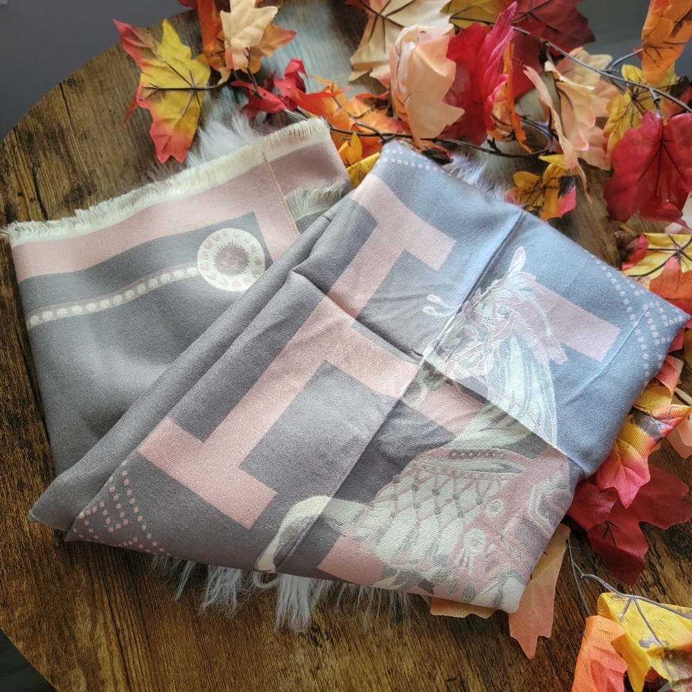 4th Of July Deal🇺🇸 Large Elegant Gray and Pink With Horse Design Scarf Wrap